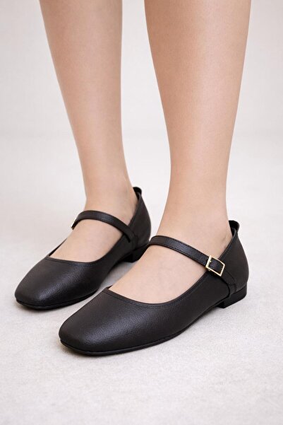 RynModa Kadın Mary Jane Babet - Kare Burunlu Tokalı Cilt Deri Ayakkabı