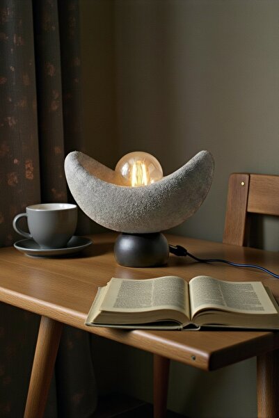 Dropcek eticaret Luna Tasarım Masa Lambası Gri Siyah Detaylı Abajur Loş Amber...