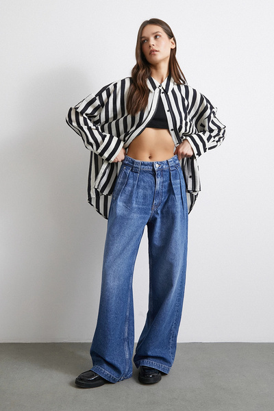 TRENDQUEL High Waist Pleated Wide Leg Jeans Blue
