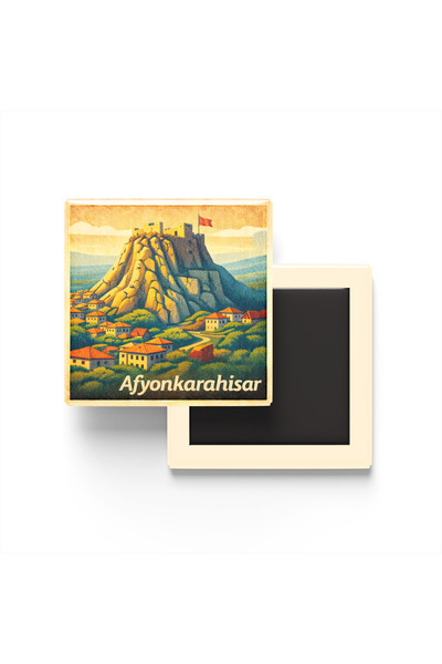 iBerk Mıknatıslı Buzdolap Magneti - Afyonkarahisar - Afyon Kalesi - 9x9 cm