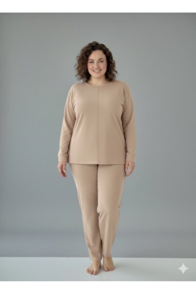 FAMESTEKSTİL Women's Comfortable Beige Tracksuit Set