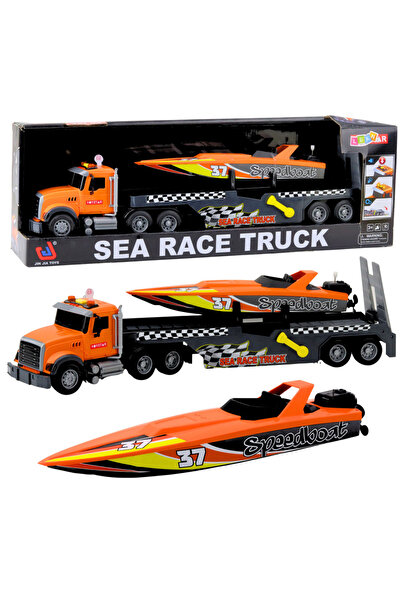LEAN Camion Sea Race cu barca cu motor cu cheita, lumini si sunete, portocaliu