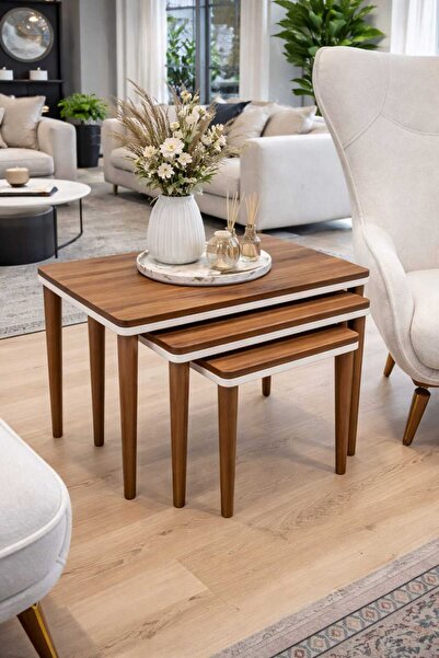 Senka Wood Gofret 3'lü Kalın Zigon Sehpa ahşap ayak %100 MDF