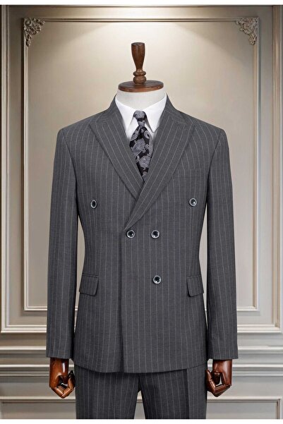 Ars Magic Box Men's Double-Breasted Striped Solid Slim Fit Wide Collar Italia...