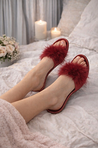 ROZELT Kadın Bordo Tüylü Yumuşak Tabanlı Ev Terliği & Hediyelik & Çeyizlik