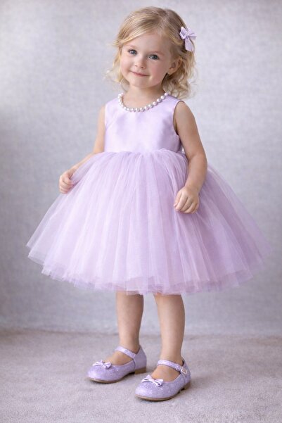 SUNEH Kız Bebek Lila İnci Detaylı Doğum Günü ve Özel Gün Tütü Elbise