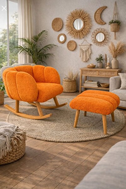 KOKİ DESİGN LOTUS Sallanan Ahşap Ayaklı Wellsoft Turuncu Berjer Koltuk - BENC...