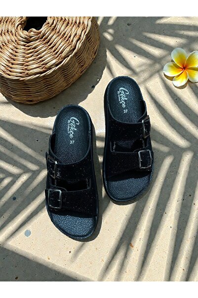 Lotus Gökçe Kadın Terlik Siyah Simli