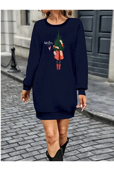 nedo7    Women's Long Sleeve Crew Neck Print Short Viscose Two Thread Dress