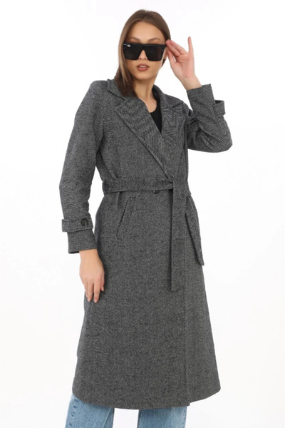 nedo7 Lined fishbone cashmere coat - smoked