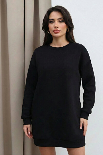 MetuCA Women's Black Crew Neck Oversized İçi Ş Fleece-Lined 2 Thread Sweatshi...