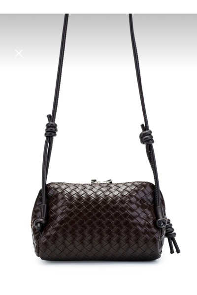 FirstRoseStore Örgü Desenli Ayarlanabilir Askılı Bombelli Kadın Çapraz Kahver...