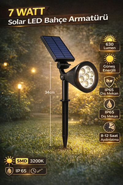 TeknoEser 7 Watt Solar LED Bahçe Lambası – Güneş Enerjili, IP65 Dış Mekan Ayd...
