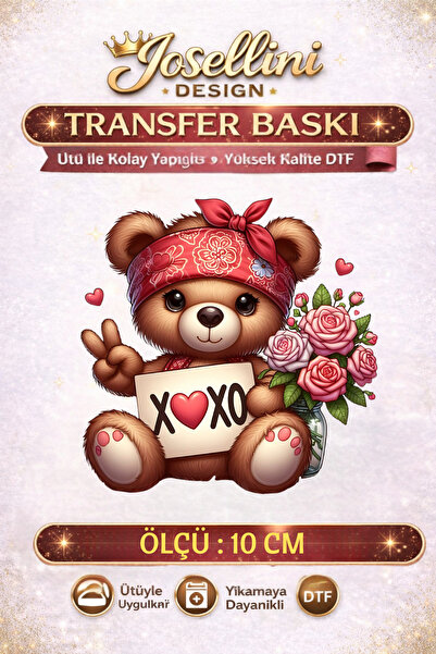 Josellini Xoxo Written Floral Teddy Bear Dtf Transfer Printing 10 cm