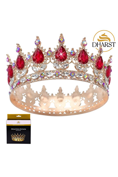 Dharst Coronita aurie din metal cu perle rosii- 12,5 x 5,5 cm