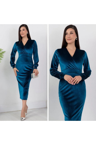 nedo7 Women's Velvet Fabric V-Neck Stylish Pencil Dress with Cuffs