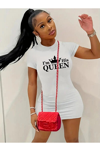 nedo7    Women's Short Sleeve Queen Print Two Thread Mini Dress