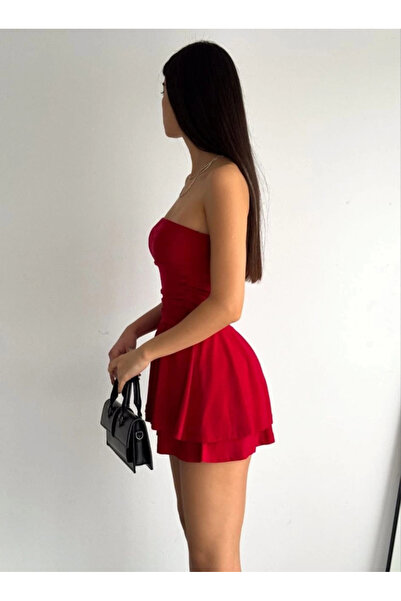 nedo7 Strapless Sandy Fabric Princess Skirt with Shorts Mini Flared Dress - Red