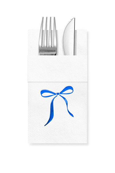 Story مناديل ورقية بيضاء اللون مقاس 40×40 سم مع نمط شريط فيونكة أزرق و16 جيبًا