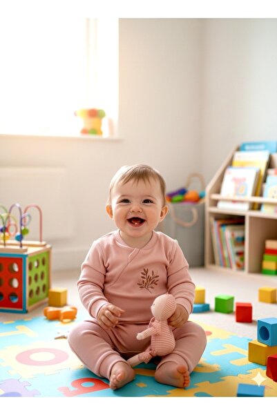 BEREN %100 Pamuk Fermuarlı Nakış İşlemeli Kız Bebek Tulum - Pembe & Krem