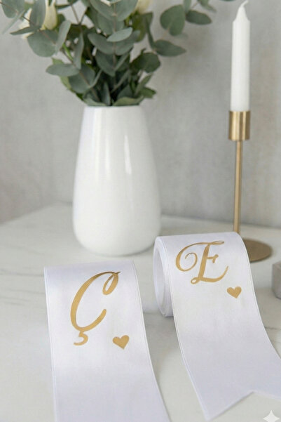 Azresa Kişiye Özel Harfli Nişan Düğün Takı Kurdelesi - Gold Yazılı Kalpli Gel...