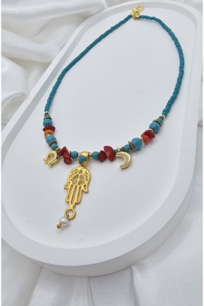 LA PELİZİA Gold Kaplama Pirinç Hamsa (Fatma Ana) Eli Figürlü Turkuaz ve Merca...