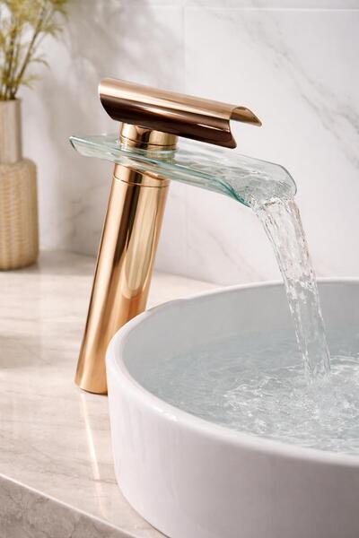 HT PRİMA Çanak Şelale Cam Lavabo Bataryası Rose Gold Tezgah Üstü Yüksek Gövde...