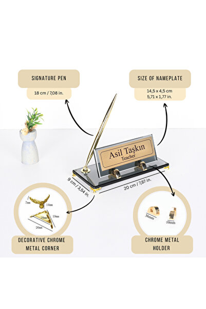 shop Füme Bronz Cam Masaüstü İsimlik - Gold Kalemli Set - Öğretmen ve Yönetic...
