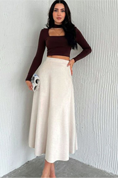 Naliru Kloş A Kesim Süet Kumaş Beli Lastikli Midi Uzun Boy Dökümlü Rahat Kışl...