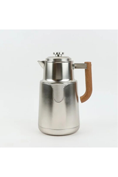 Generic Matte Silver Thermos Flask with Wooden Handle - 1 Liter