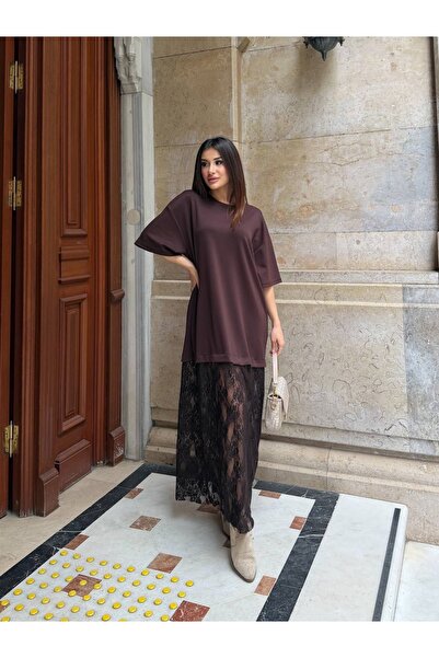 manana fashion Rochie lungă cu design special, cu detaliu din dantelă din țes...