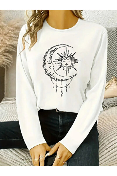 nedo7    Women's Long Sleeve Crew Neck Moon Printed Viscose Blouse