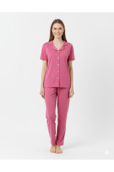 Sude Pembe Bambu Pembe Puantiyeli Önden Düğmeli Gömlek Kısa Kol Pijama Takımı