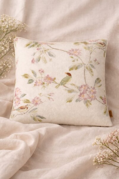 Buemshop Bellis Floral Desenli Panama Keten Kırlent Kılıfı 50x50 Ekru Biyeli