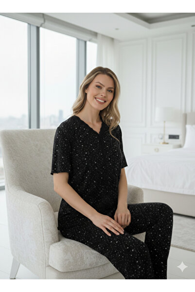 Sude Siyah Bamboo Yumuşak Dokulu Dantelli Yaka Düğmeli Yıldız Detaylı Pijama ...