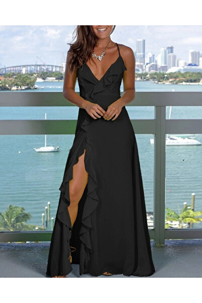 nedo7 Women's Rope Strap Low-Cut Slit Detail Crepe Dress