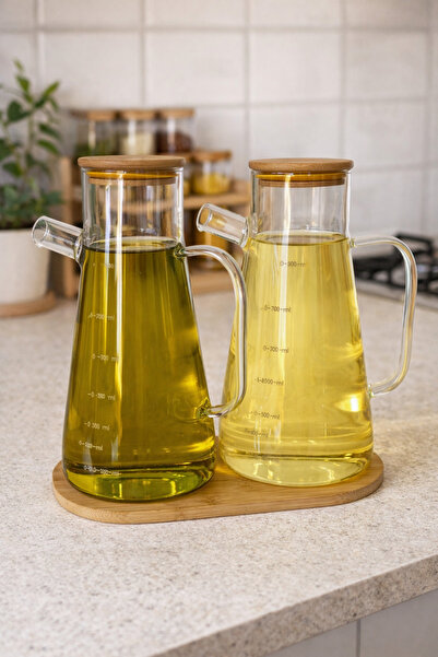 NZR 2-Piece 900 ml Borosilicate Glass Oil Pot with Bamboo Lid and Base, Heat ...