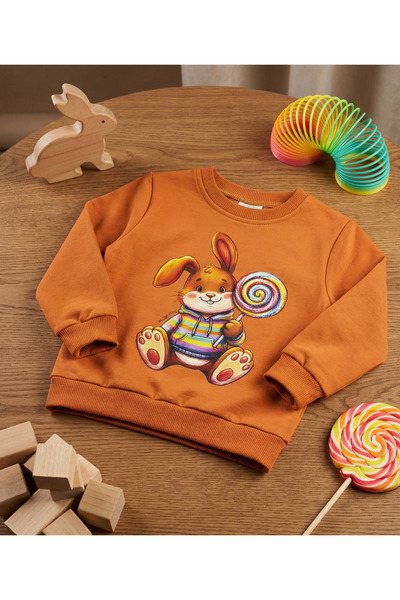 MUBA KIDS Sevimli Tavşan Baskılı Kırmızı %100 Pamuk İçi Polarlı Çocuk Sweatshirt