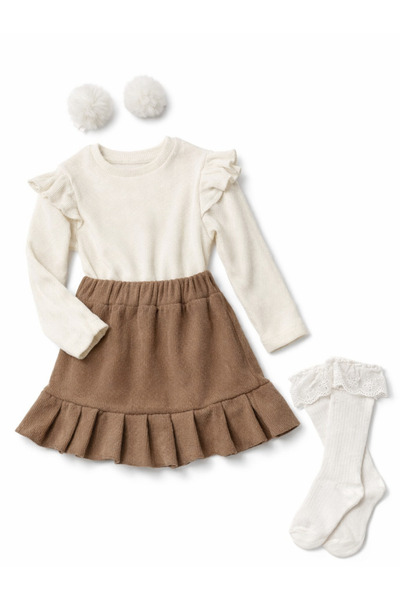 özge başaran Set pentru fetiță, ecru, cu mâneci lungi, cu volane, fustă maro,...