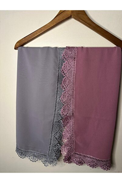 Mako Gri ve Gül Kurusu Şifon Dantelli İğne Oyalı Tesettür Namaz Mevlüt Örtüsü...