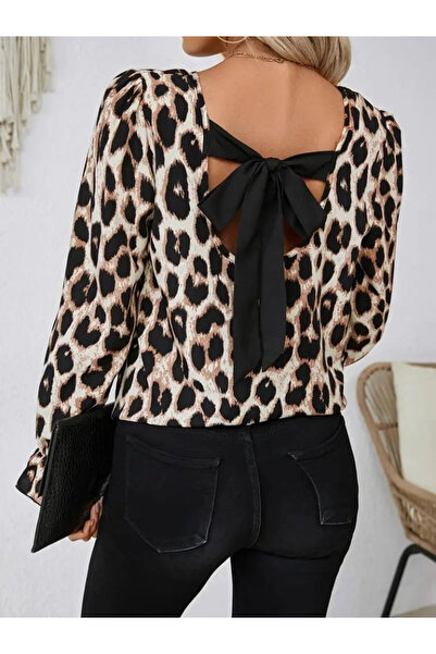nedo7 Women's Long Sleeve Back Bow Detail Leopard Print Single Jersey Blouse