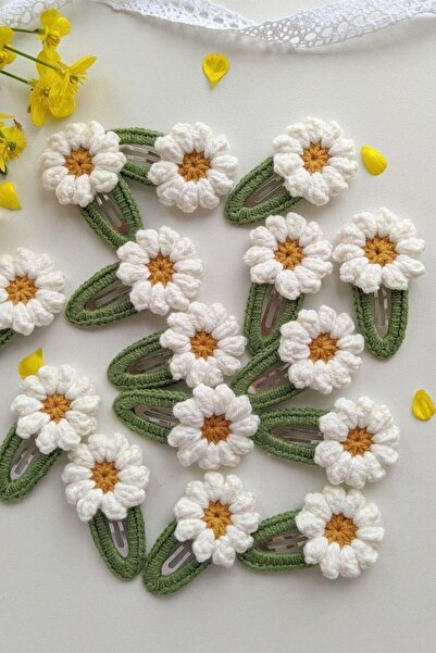 zanaatçı anne Kız Çocuk Tokası El Yapımı 2'li Yeşil-beyaz Papatya Çıt Çıtlı T...