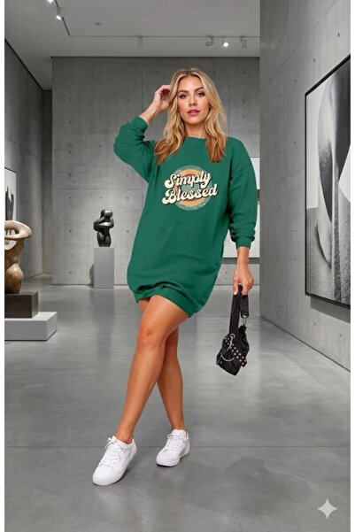 nedo7    Women's Long Sleeve Crew Neck Lettered Viscose Two Thread Dress