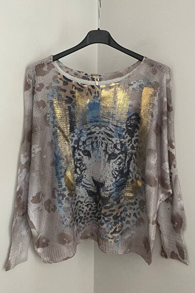 AYASOFYA OTANTIK Women's Italian Mink Batik Leopard Print Leaf Detailed Batwi...