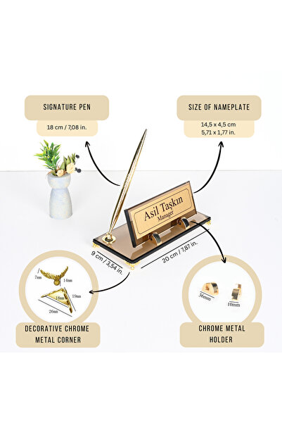 shop Lüks Bronz Cam Masaüstü İsimlik - Gold Kalemli Set - Öğretmen ve Yönetic...