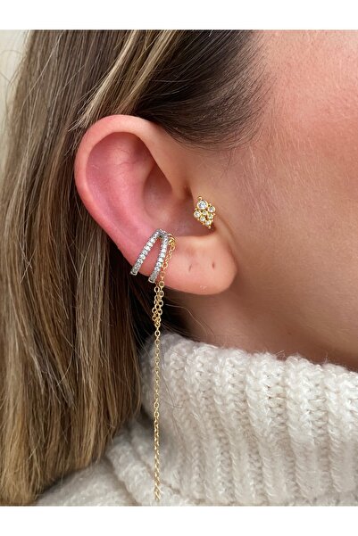 Pinery Jewels C Sallantılı Zirkon Taşlı Kadın Kıkırdak Küpe