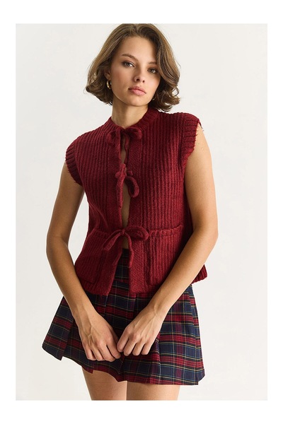 LUSHİGO Women's Front Tie Soft Textured Sweater Knitwear Vest Women0090