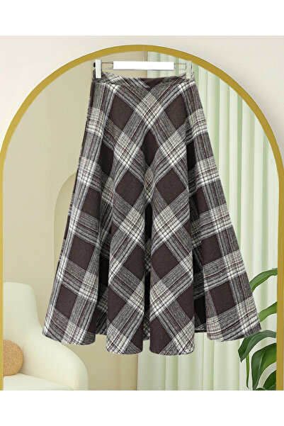 nedo7 Plaid Patterned Side Zipper Cashmere Bell Skirt - Brown