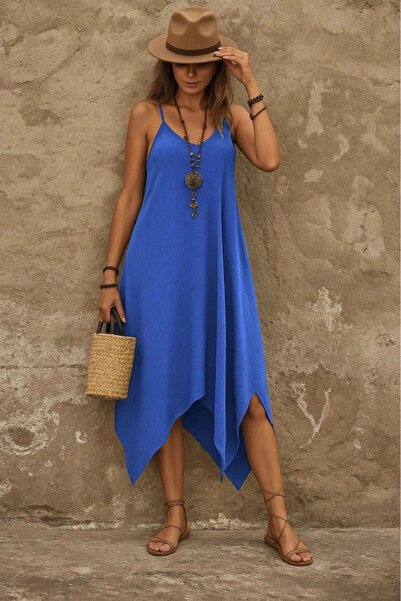 nedo7 Women's Strap V Neck Pocket Detail Asymmetrical Cut Viscose Dress