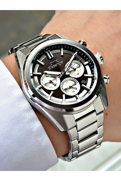 Slazenger Functional Silver-Black Color 10 Atm Water Resistance Steel Case Me...